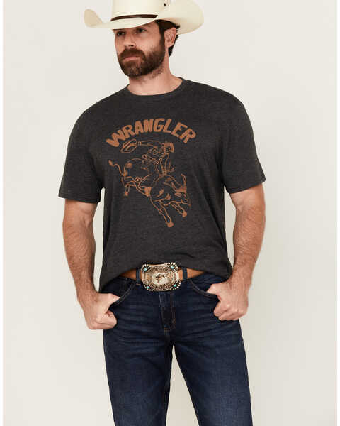 Image #1 - Wrangler Men's Bucking Bull Logo Short Sleeve Graphic T-Shirt , Charcoal, hi-res