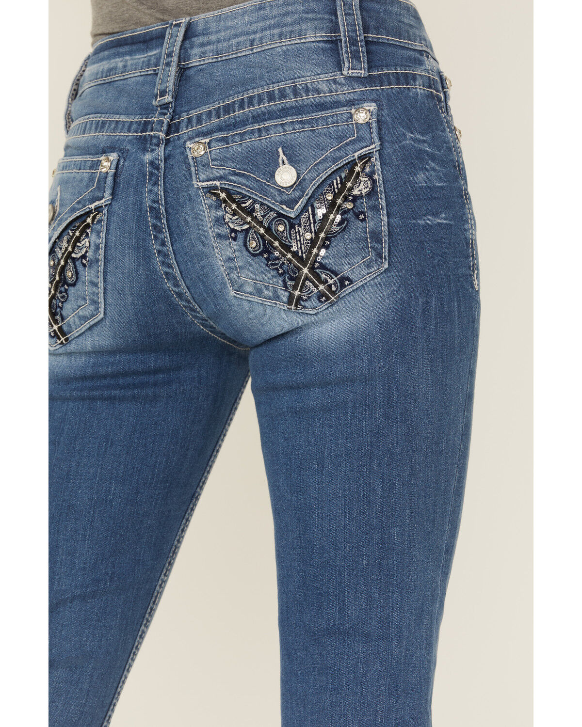 Image #4 - Shyanne Mid Rise Medium Wash Bootcut Paisley Faux Flap Stretch Denim Jeans, Medium Wash, hi-res