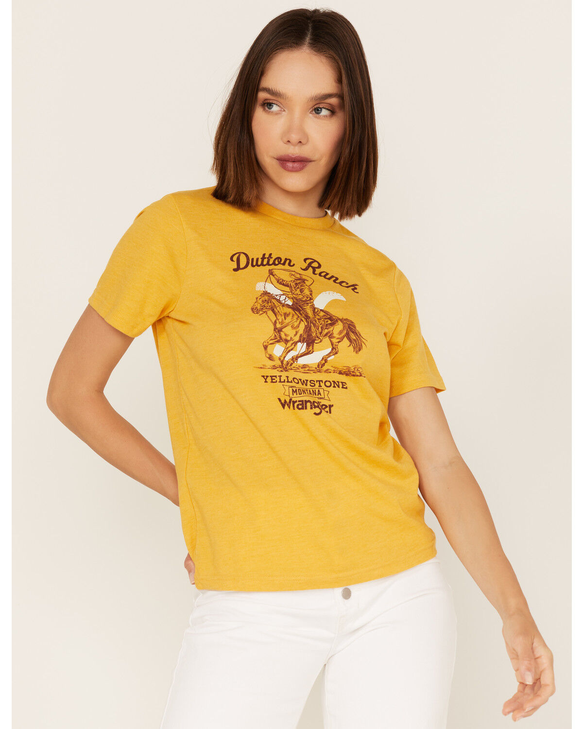 Image #3 - Wrangler x Yellowstone Women's Dutton Ranch Graphic Tee, Mustard, hi-res