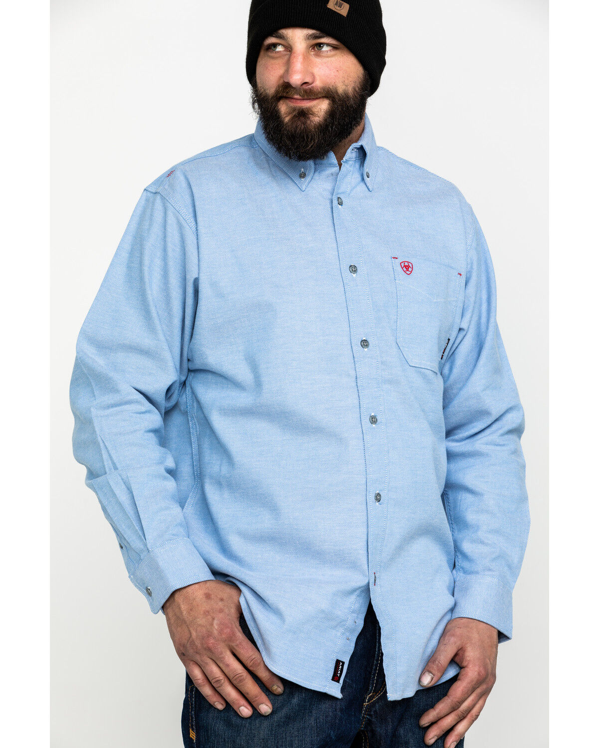 Image #1 - Ariat Men's FR Solid Durastretch Long Sleeve Work Shirt, Blue, hi-res