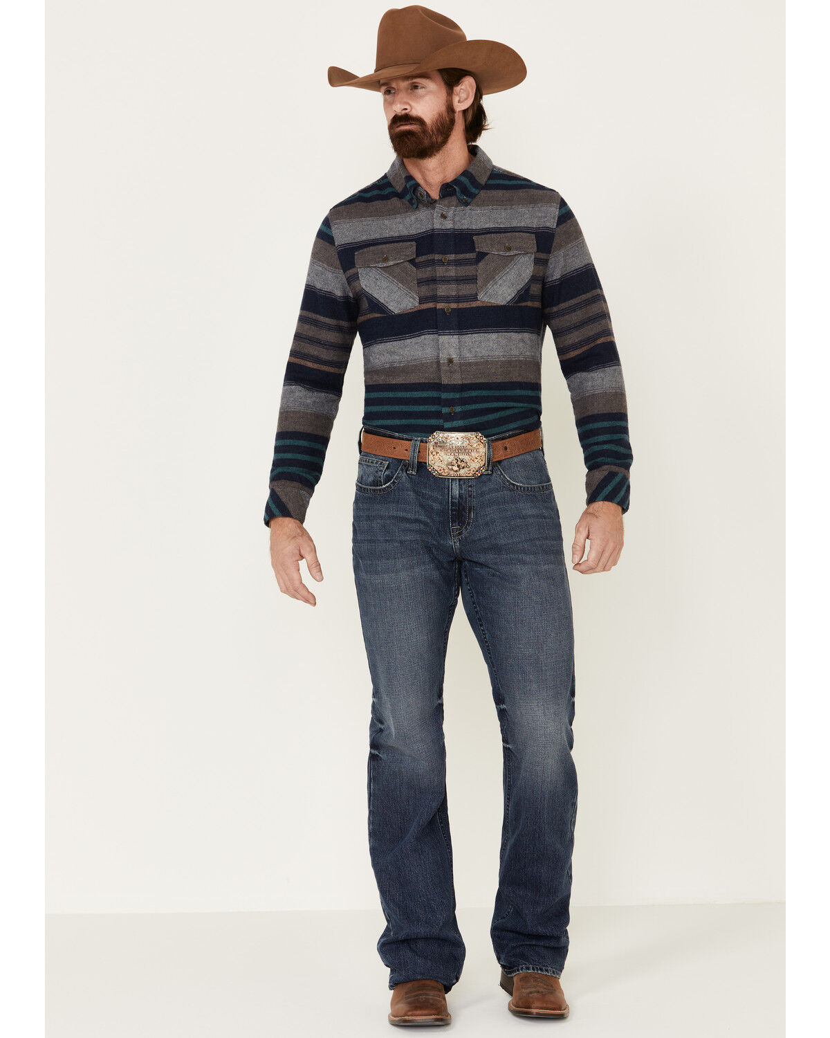 Image #1 - United By Blue Men's Brownstone Responsible Striped Long Sleeve Western Flannel Shirt, Navy, hi-res