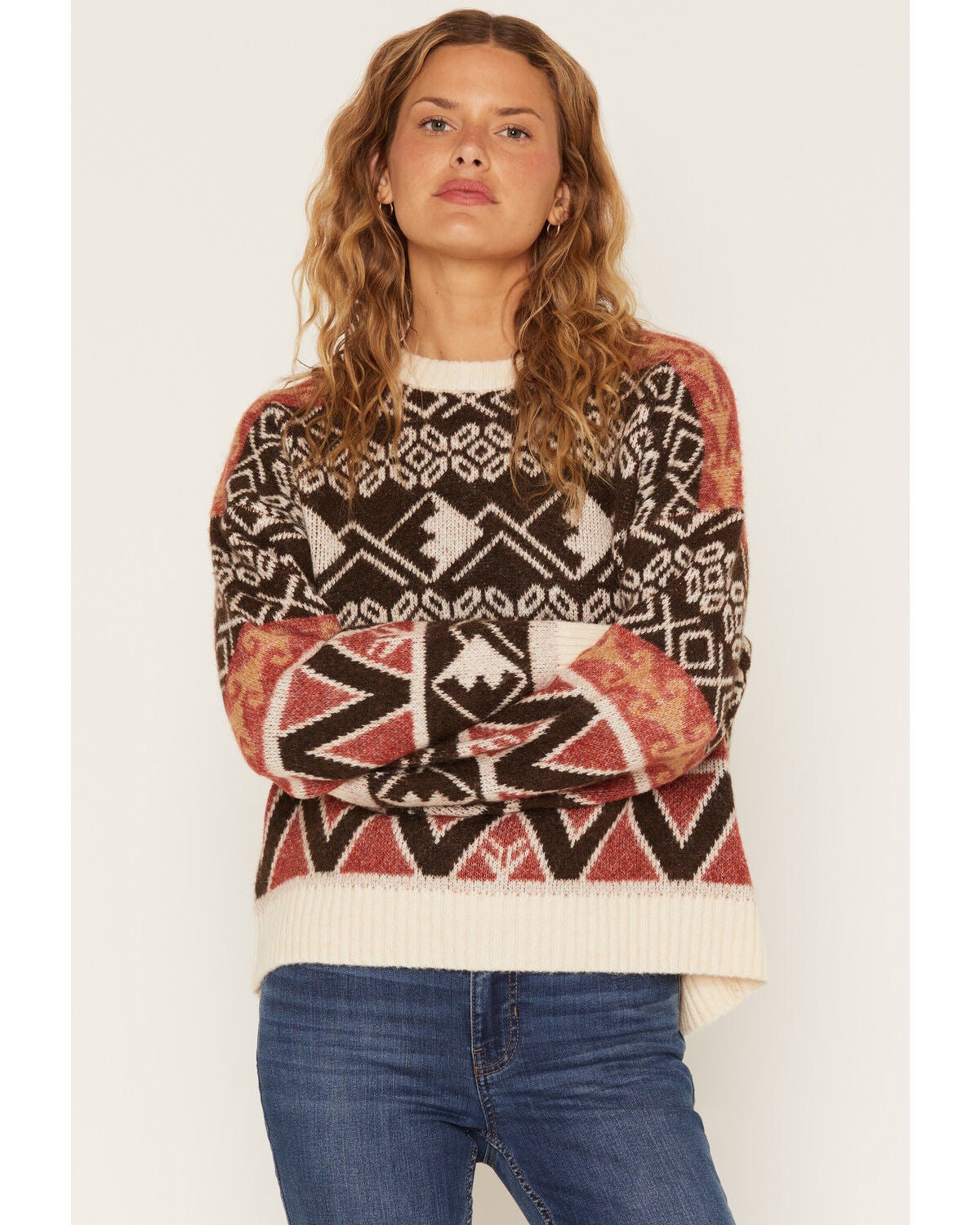 By Together Women's Southwestern Print Sweater, Brown, hi-res