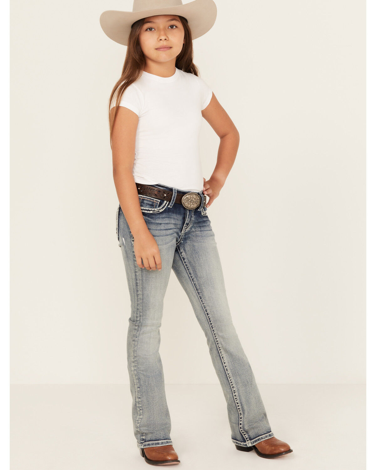 Image #3 - Grace in LA Girls' Light Wash Horseshoe Floral Bootcut Denim Jeans, Light Wash, hi-res