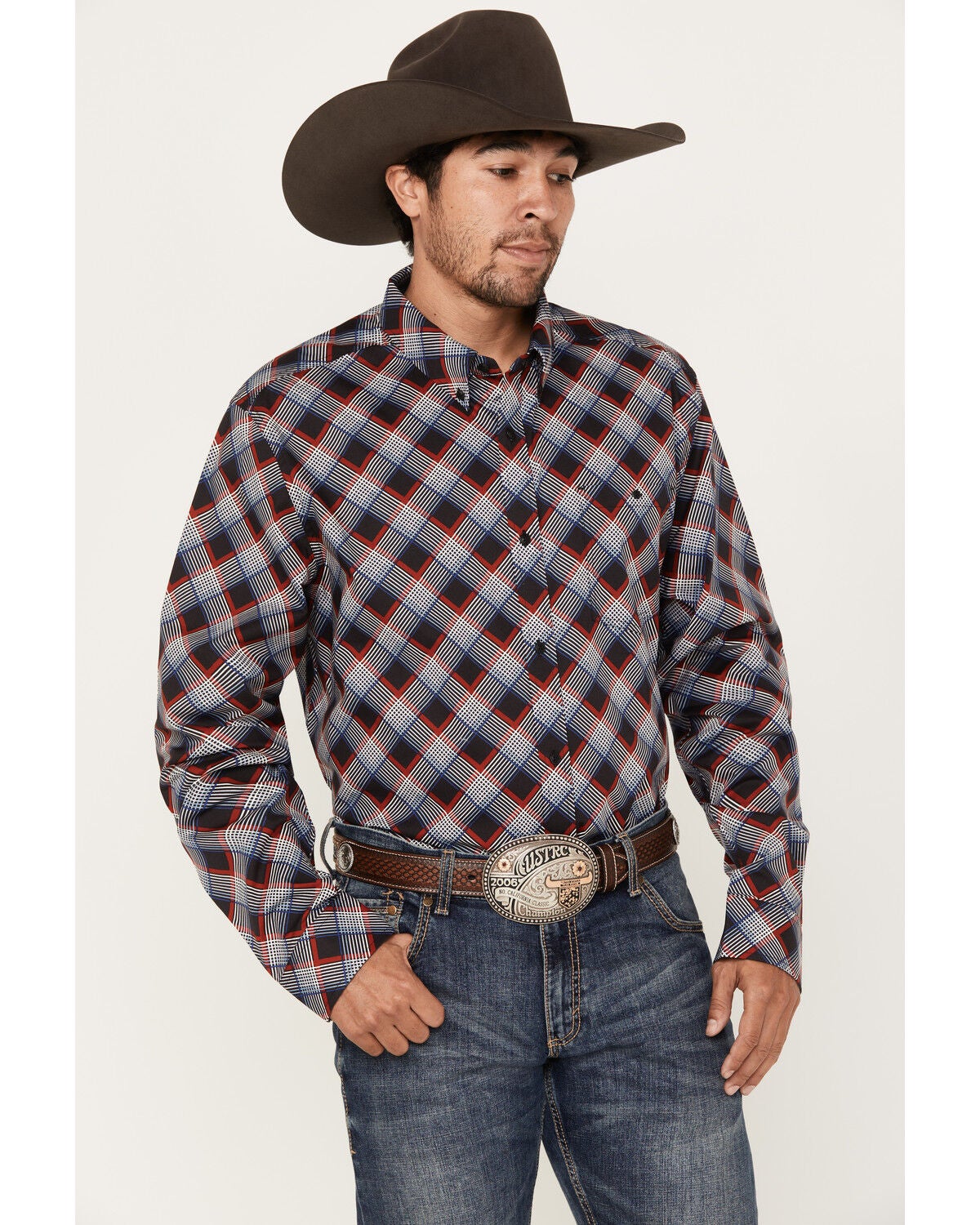 RANK 45&reg; Men's Saddle Abstract Plaid Print Long Sleeve Button-Down Western Shirt, Red, hi-res