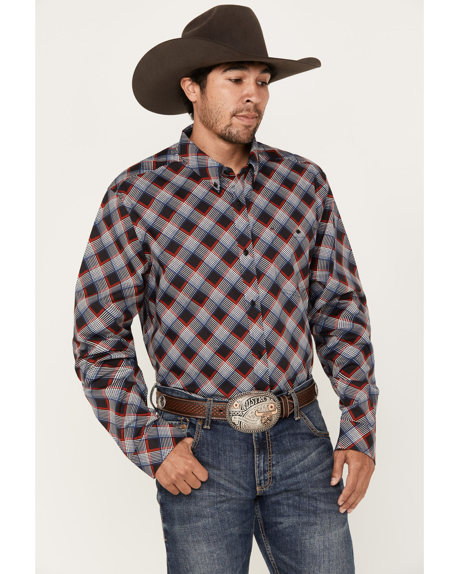 Image #1 - RANK 45® Men's Saddle Abstract Plaid Print Long Sleeve Button-Down Western Shirt, Red, hi-res
