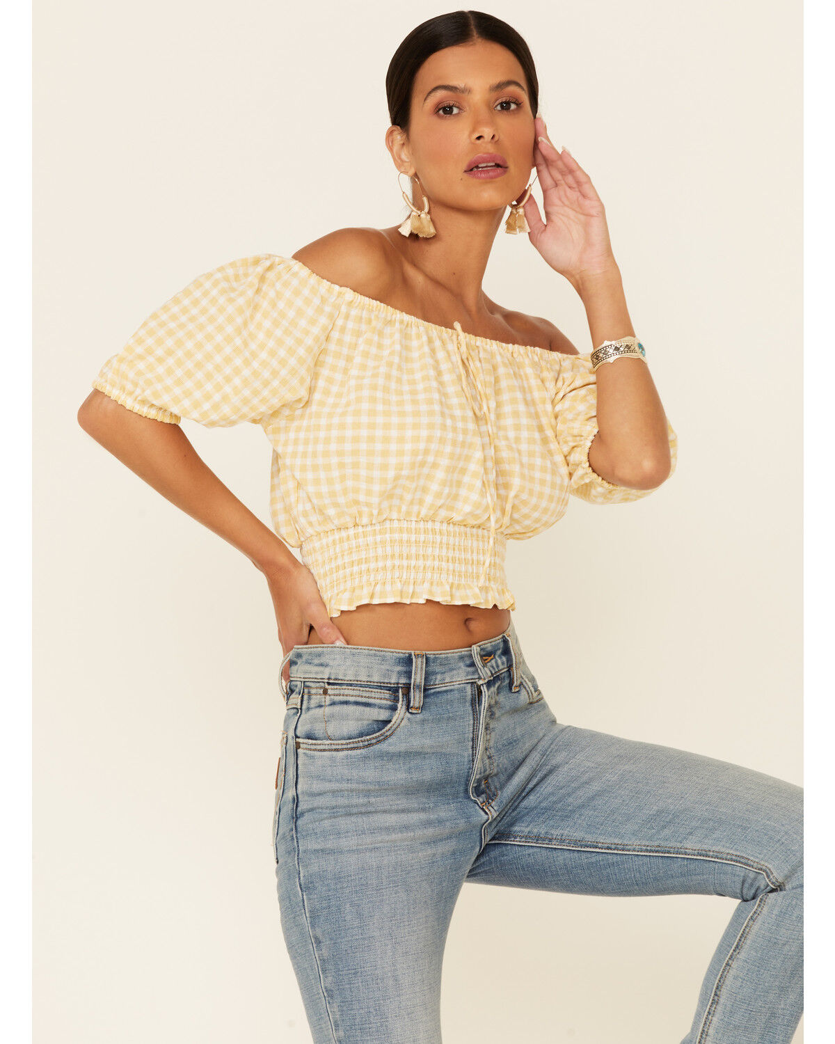 Image #1 - Beyond The Radar Women's Gingham Off-Shoulder Peasant Crop Top, Mustard, hi-res