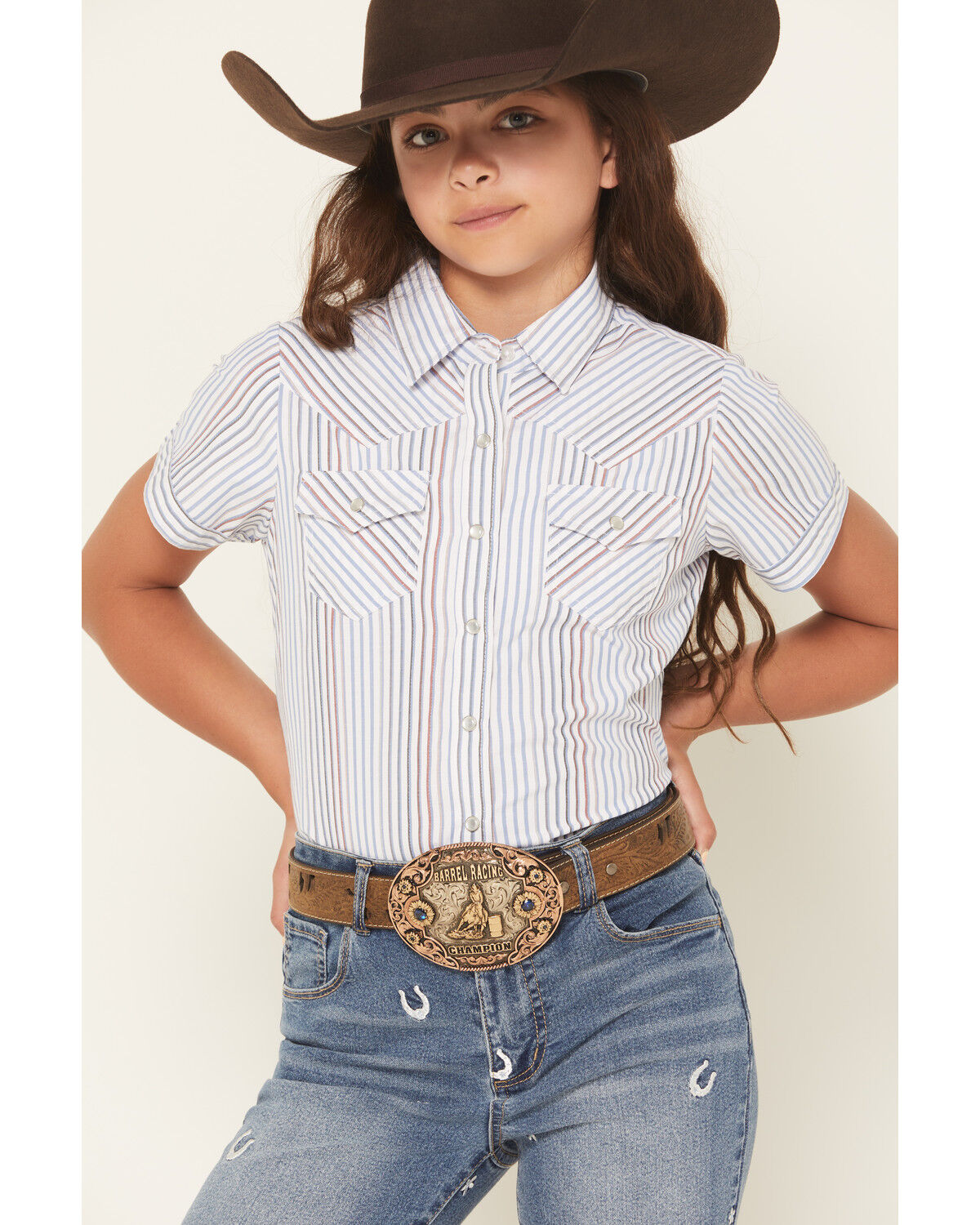 Image #3 - Ely Walker Girls' Flower Yoke Sleeveless Snap Western Shirt, White, hi-res