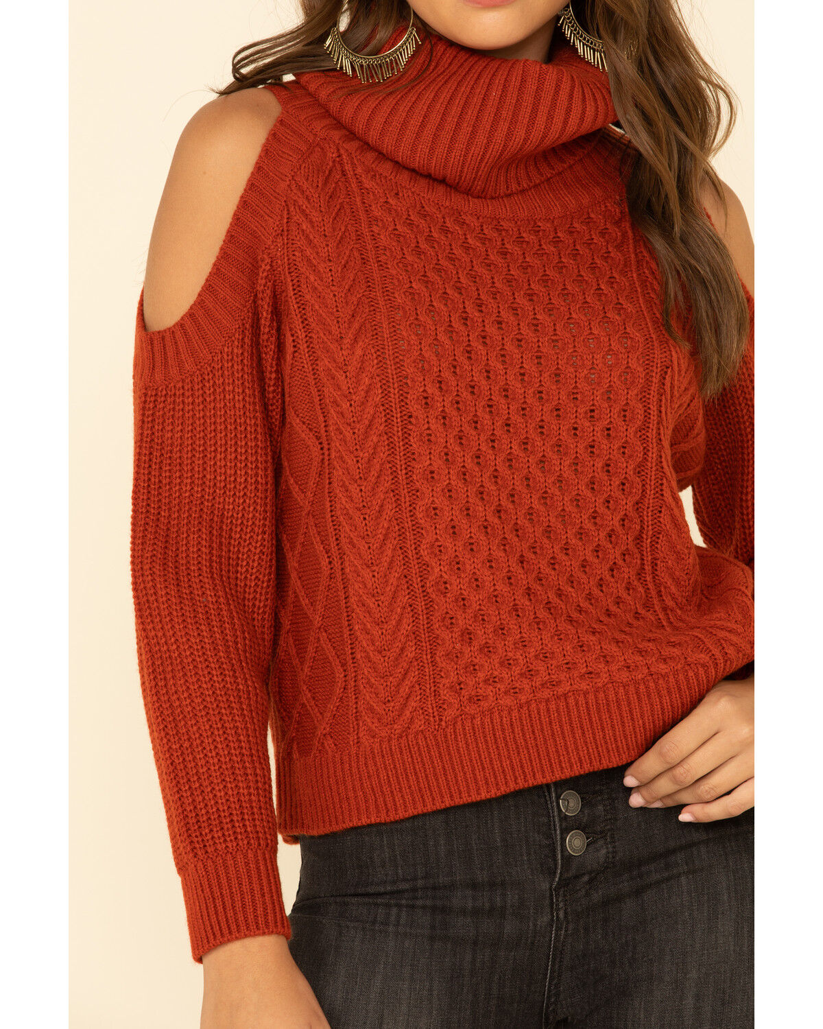 Image #3 - Rock & Roll Denim Women's Cold Shoulder Turtleneck Sweater, , hi-res