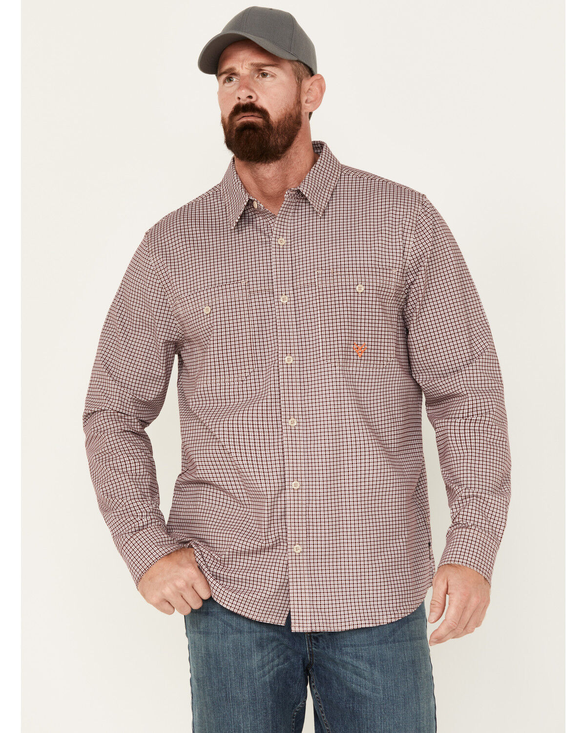 Image #1 - Hawx Men's FR Lightweight Printed Long Sleeve Button-Down Stretch Work Shirt, Red, hi-res