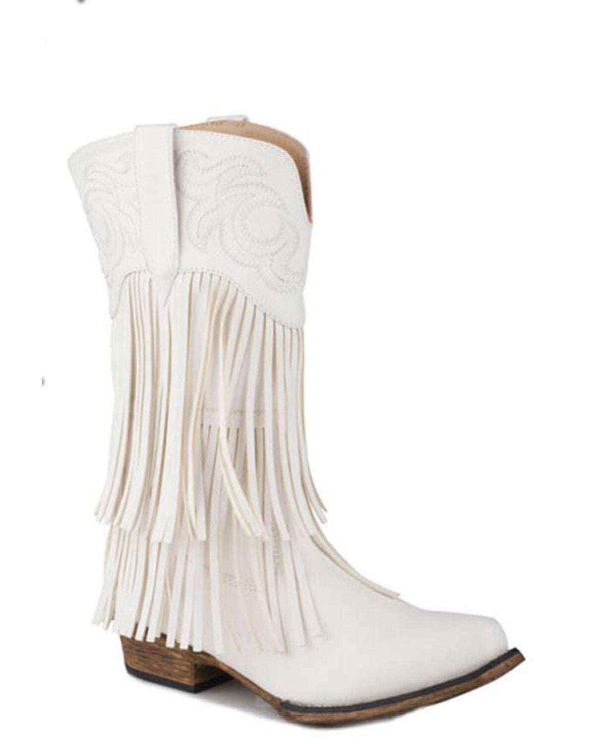 Roper Girls' Rickback Fringe Western Boots - Snip Toe, White, hi-res