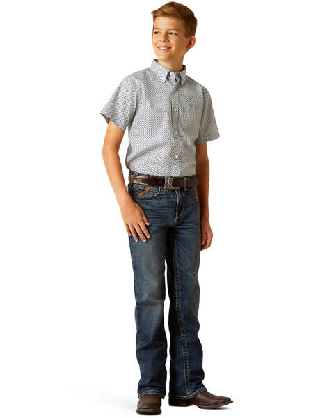 Image #4 - Ariat Boys' Geo Print Short Sleeve Button-Down Western Shirt , Blue, hi-res