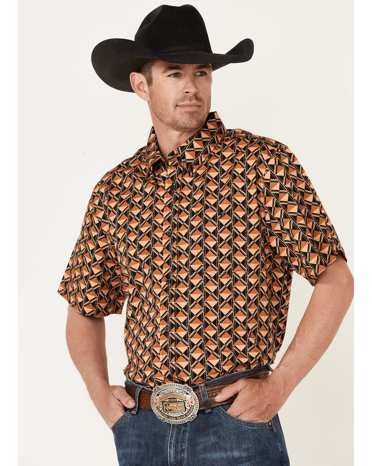 Image #2 - RANK 45&reg; Men's Chisel Geo Print Short Sleeve Button-Down Western Shirt, Brown, hi-res