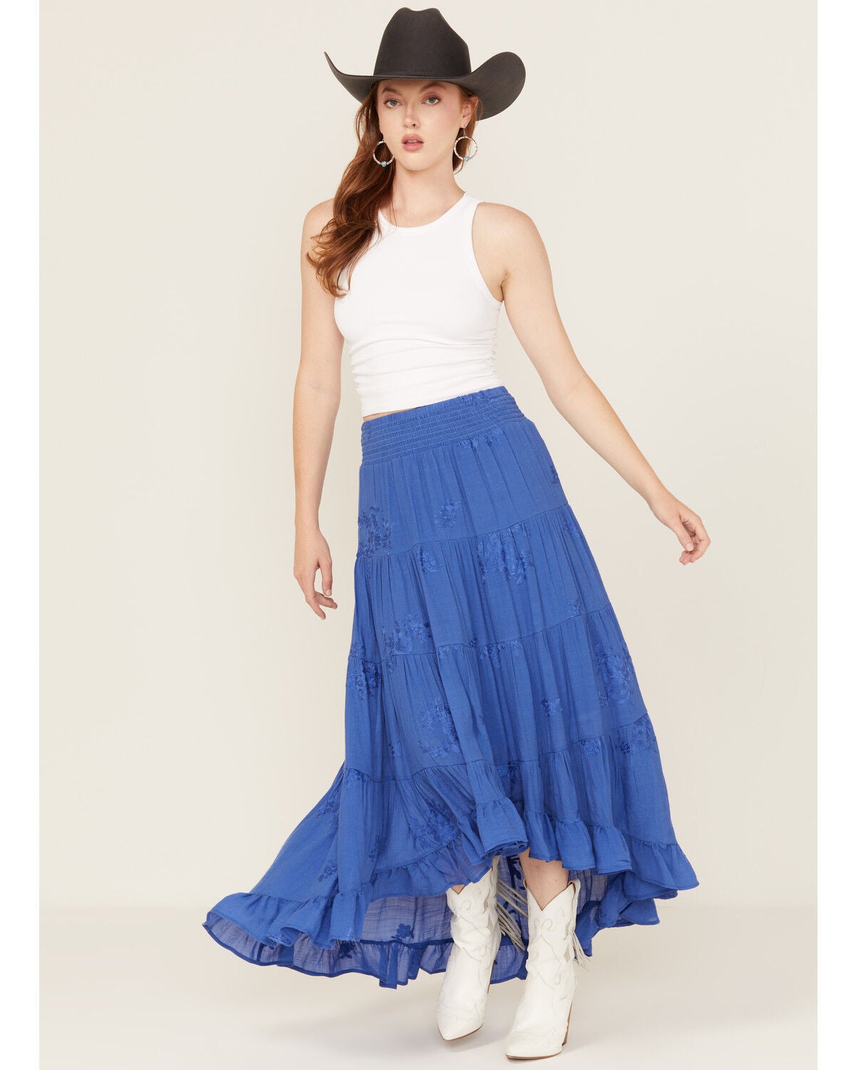 Wild Moss Women's Embroidered High-Low Skirt, Bright Blue, hi-res