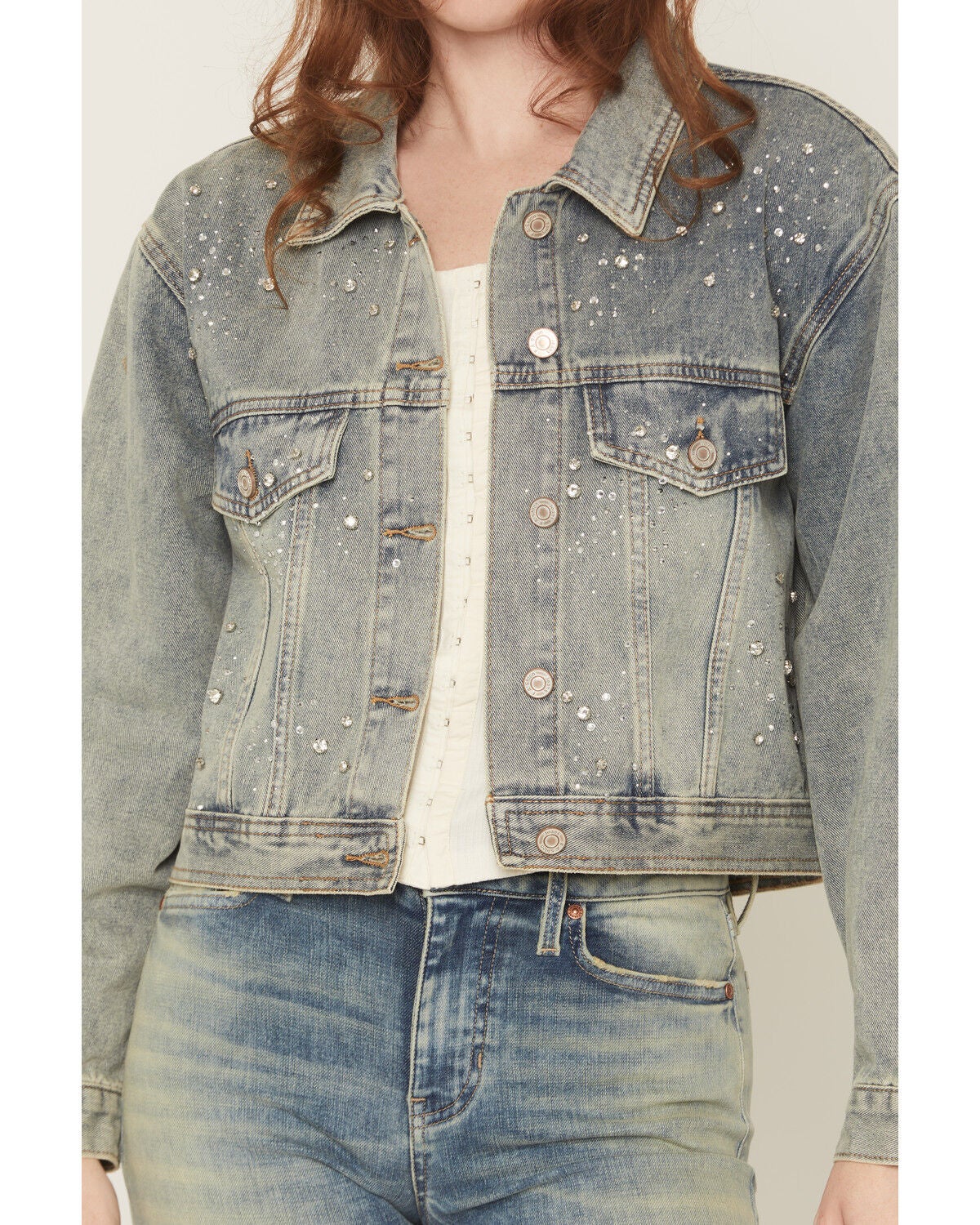Image #3 - Azalea Wang Women's Medium Wash Rhinestone Button-Down Cropped Denim Jacket, Medium Wash, hi-res