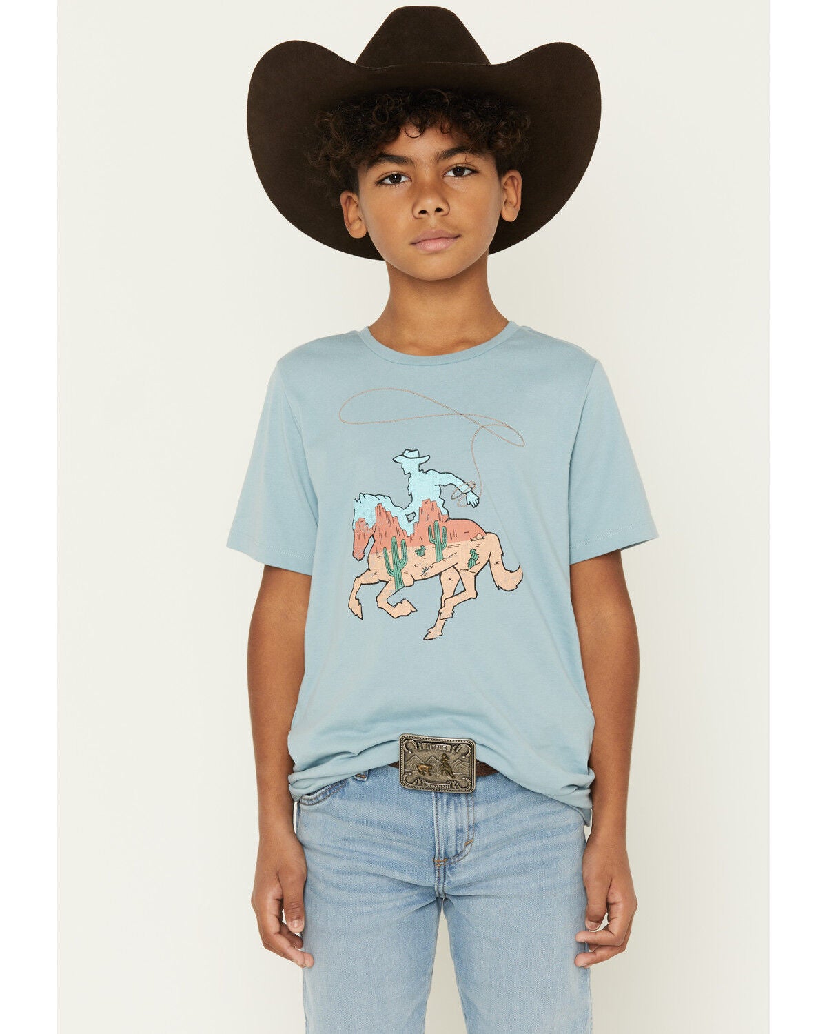 Sable Sky Boys' Scenic Cowboy Short Sleeve Graphic T-Shirt, Blue, hi-res