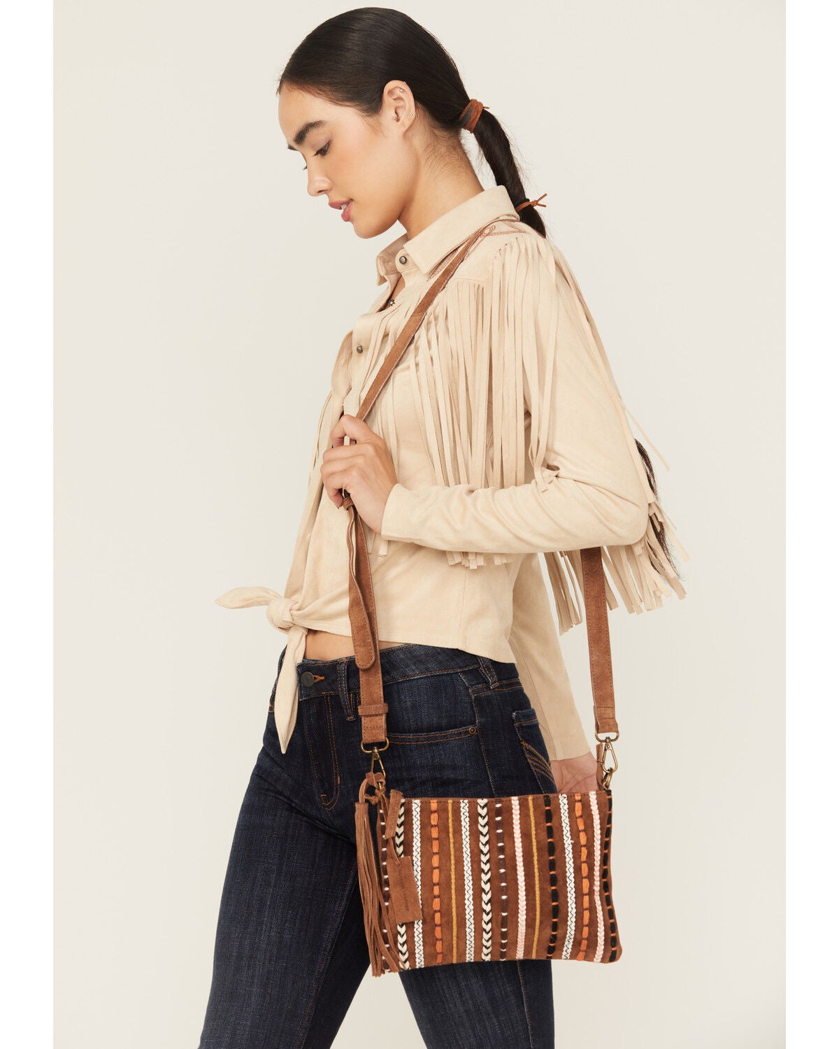 Shyanne Women's Wysteria Suede Woven Striped Crossbody Bag, Brown, hi-res
