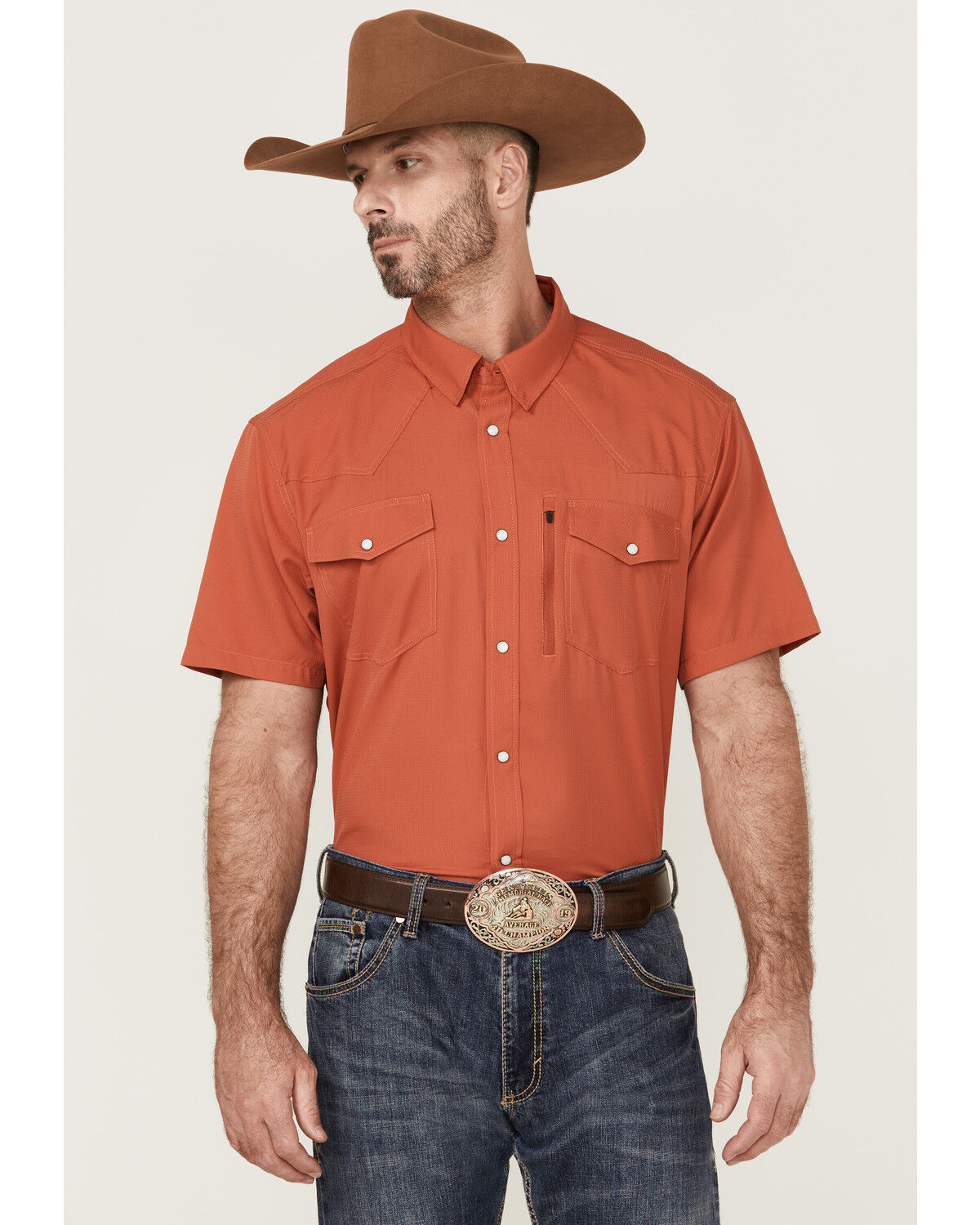 Image #1 - RANK 45® Men's 8 Seconds Short Sleeve Pearl Snap Western Tech Shirt, Medium Red, hi-res