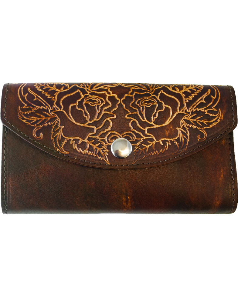 Western Express Women's Rose Tooled Leather Organizer Wallet, Brown, hi-res
