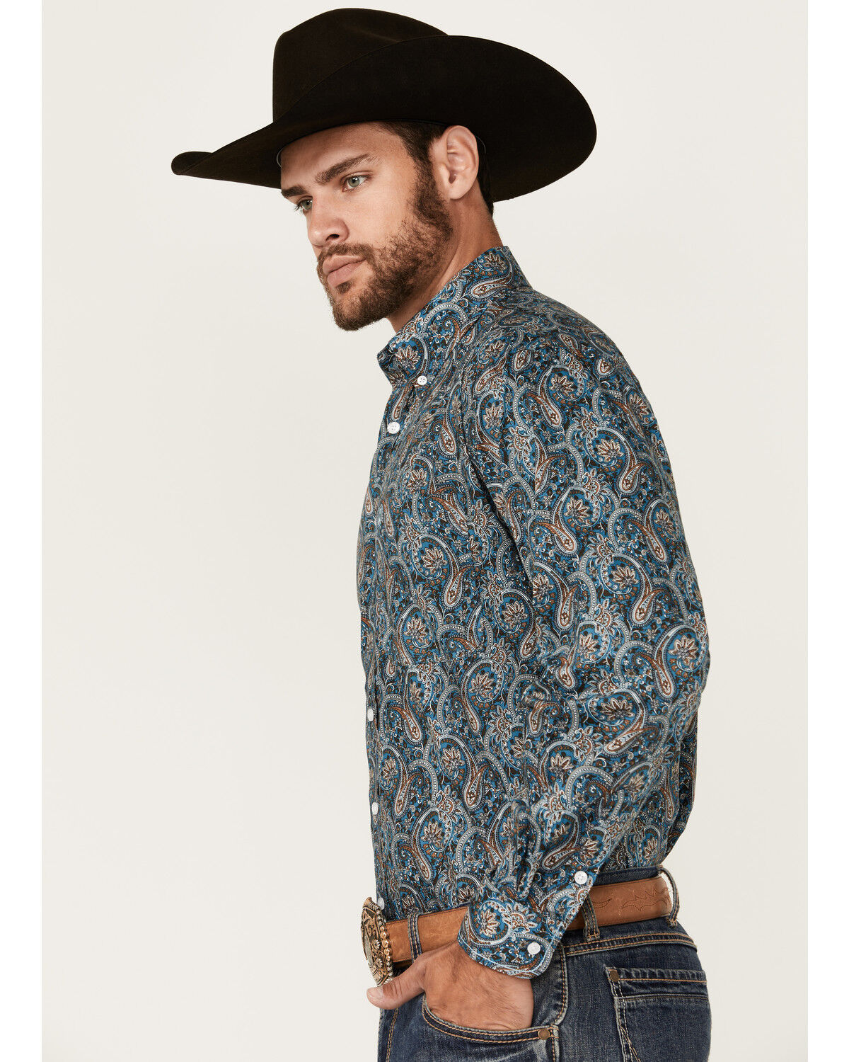 Image #2 - Rough Stock by Panhandle Men's Paisley Print Long Sleeve Button-Down Western Shirt, Navy, hi-res