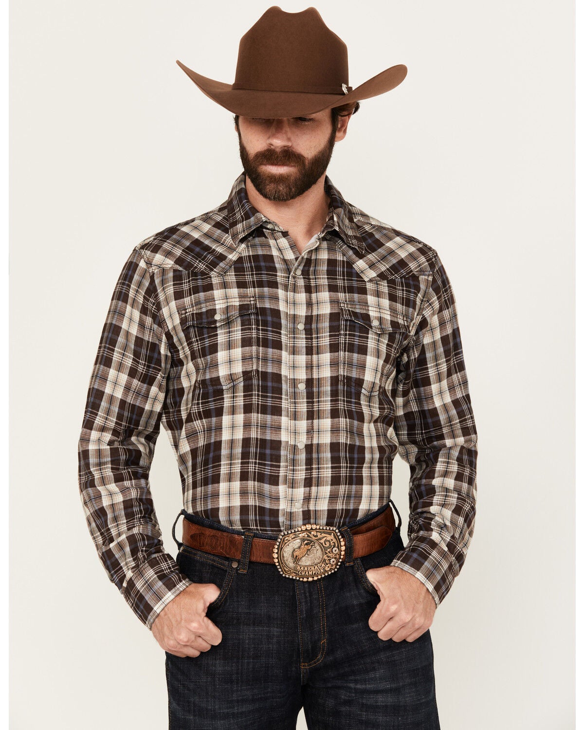 Wrangler Retro Men's Plaid Print Long Sleeve Snap Western Shirt, Brown, hi-res