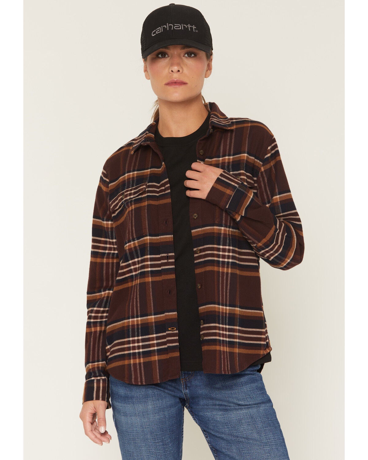 Image #1 - Carhartt Women's TENCEL&trade; Fiber Series Relaxed Fit Plaid Print Long Sleeve Flannel Shirt, Purple, hi-res