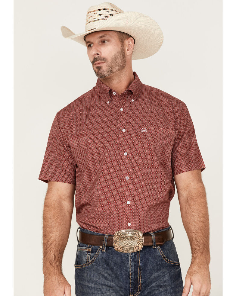 Cinch Men's Arena Flex Medallion Geo Print Short Sleeve Button-Down Western Shirt , Red, hi-res