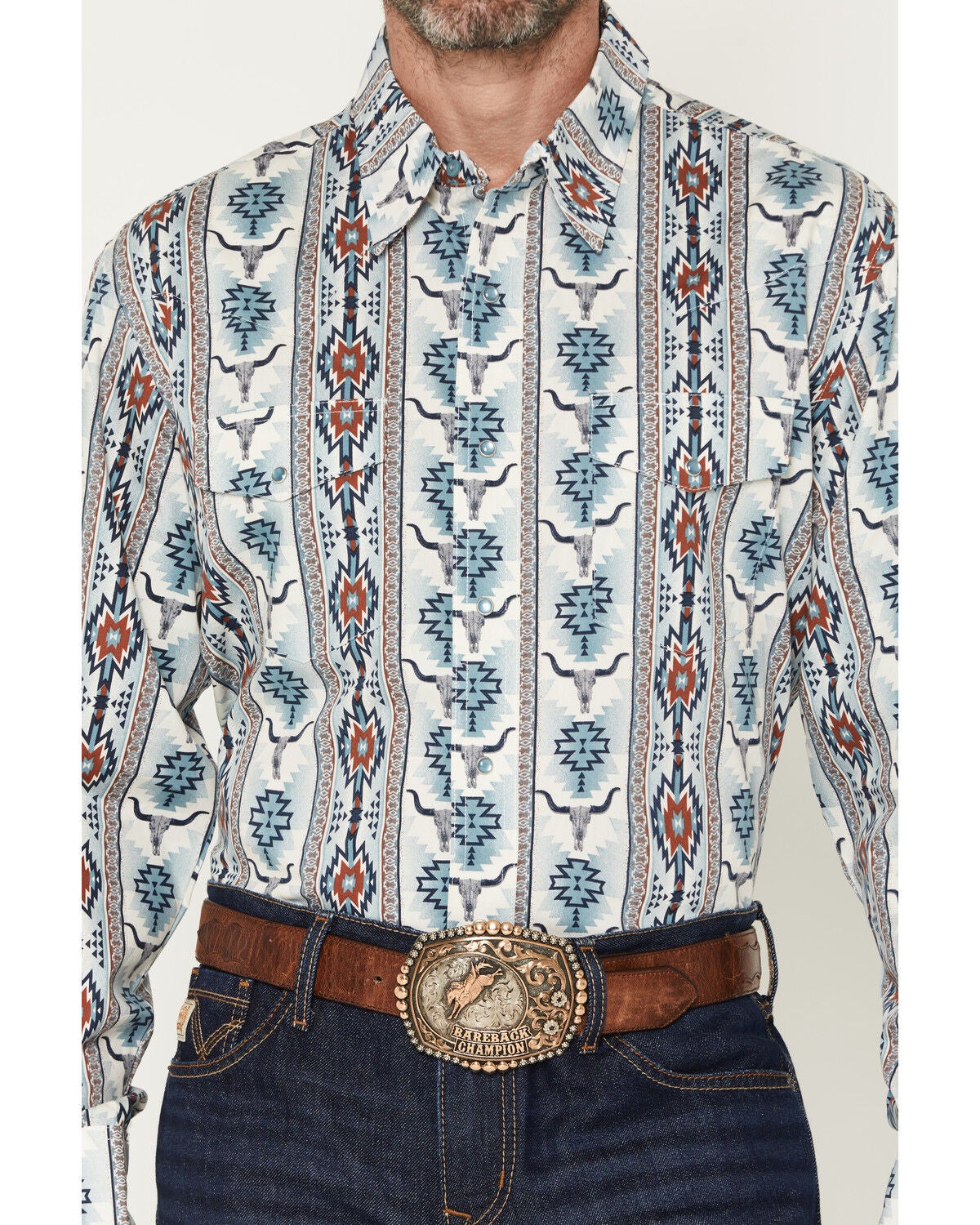 Image #3 - Wrangler Men's Checotah Southwestern Striped Long Sleeve Pearl Snap Western Shirt, Blue, hi-res