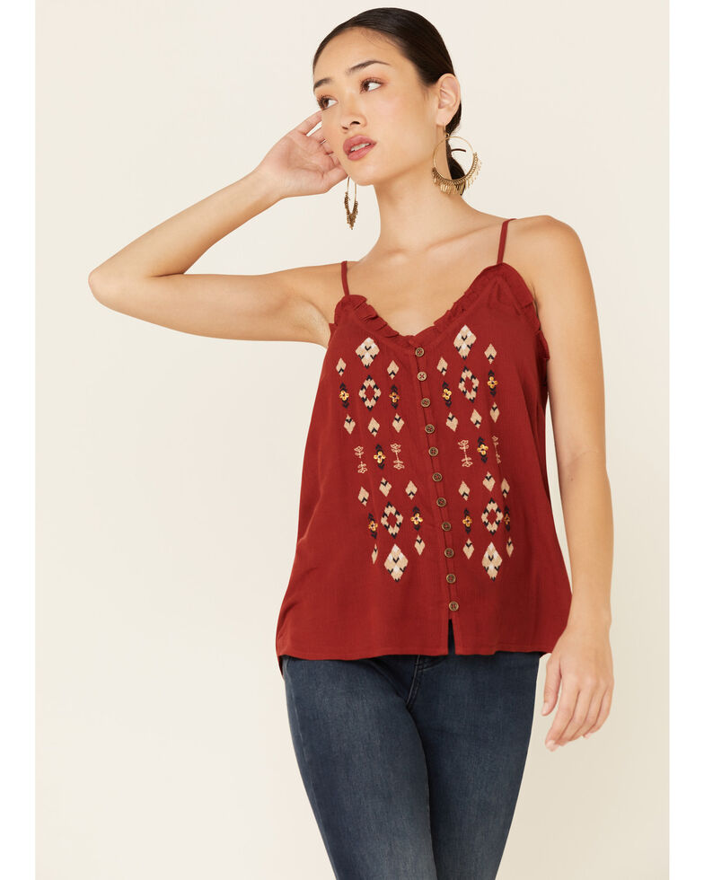 Shyanne Women's Chili Embroidered Button Front Cami Tank Top , Chilli, hi-res