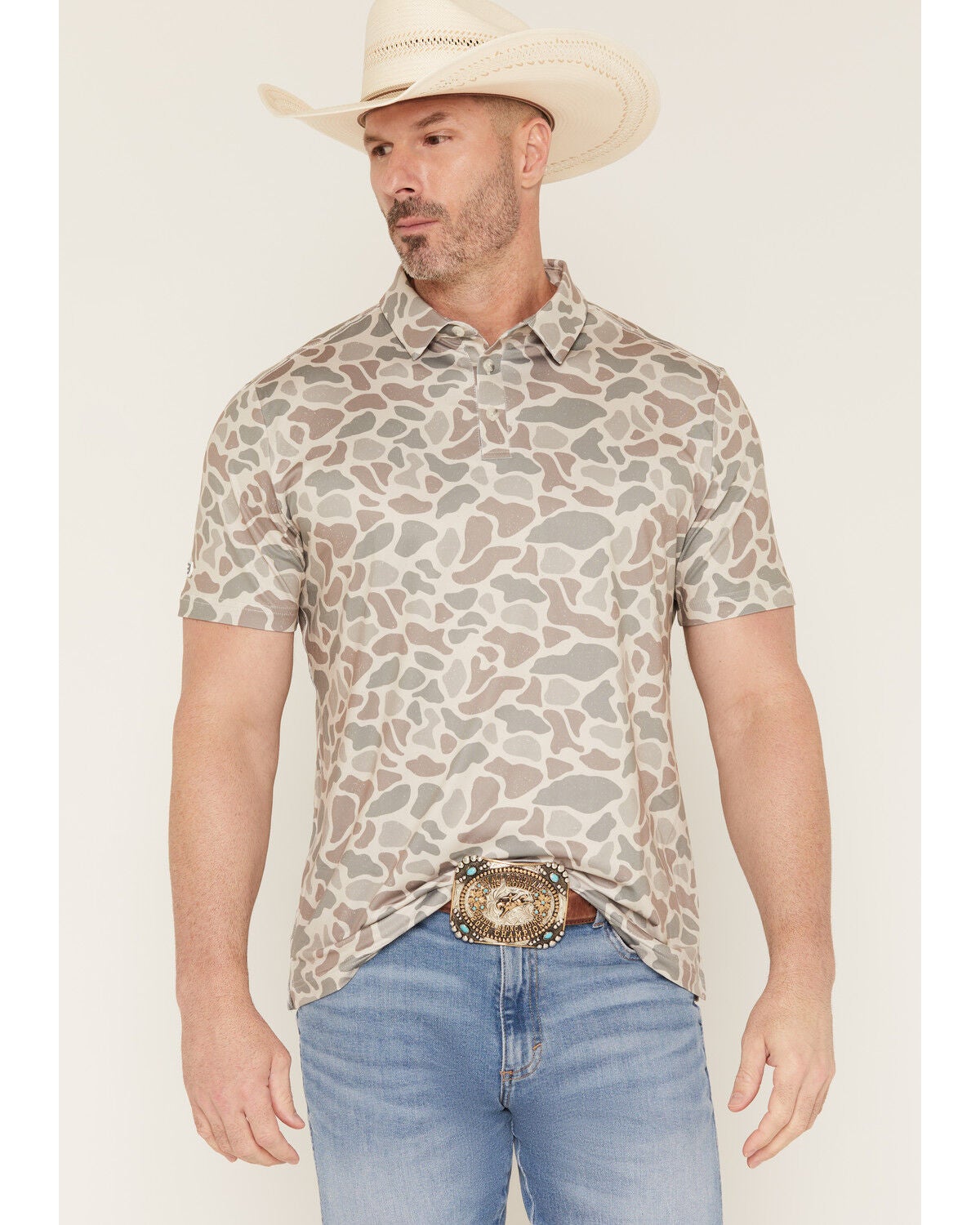 Burlebo Men's Deer Camo Print Short Sleeve Button-Down Stretch Polo Shirt, Camouflage, hi-res