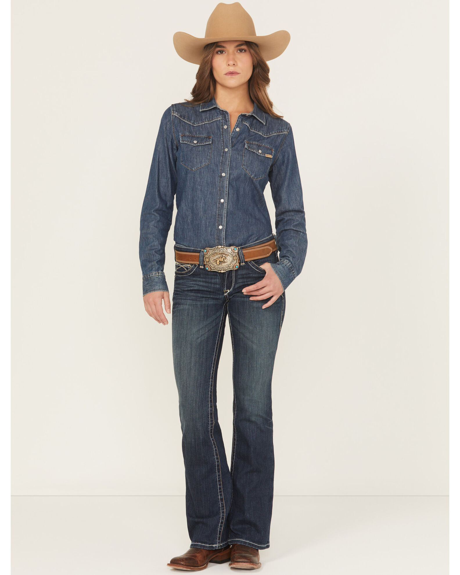 Image #1 - Ariat Women's R.E.A.L. Whipstitch Slim Bootcut Jeans, Denim, hi-res