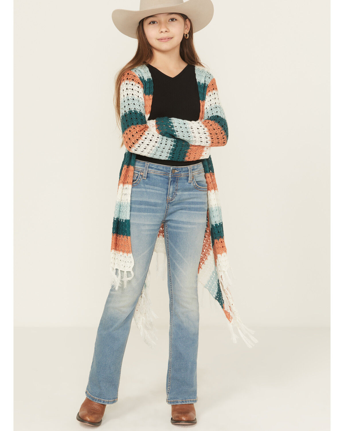 Image #1 - Rock & Roll Denim Girls' Striped Fringe Cardigan, Ivory, hi-res
