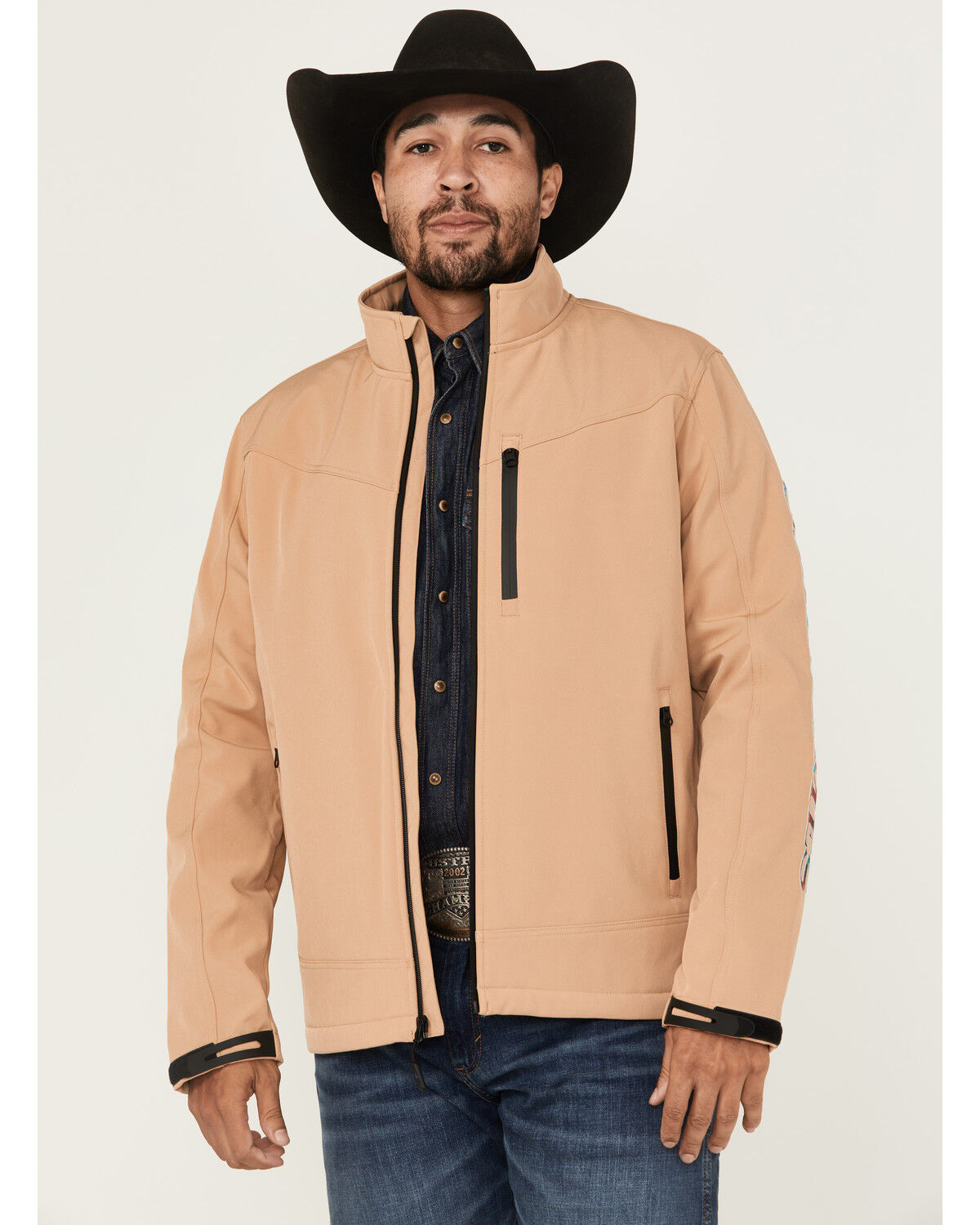 Image #1 - Cody James Men's Southwestern Embroidered Logo Softshell Jacket, Tan, hi-res