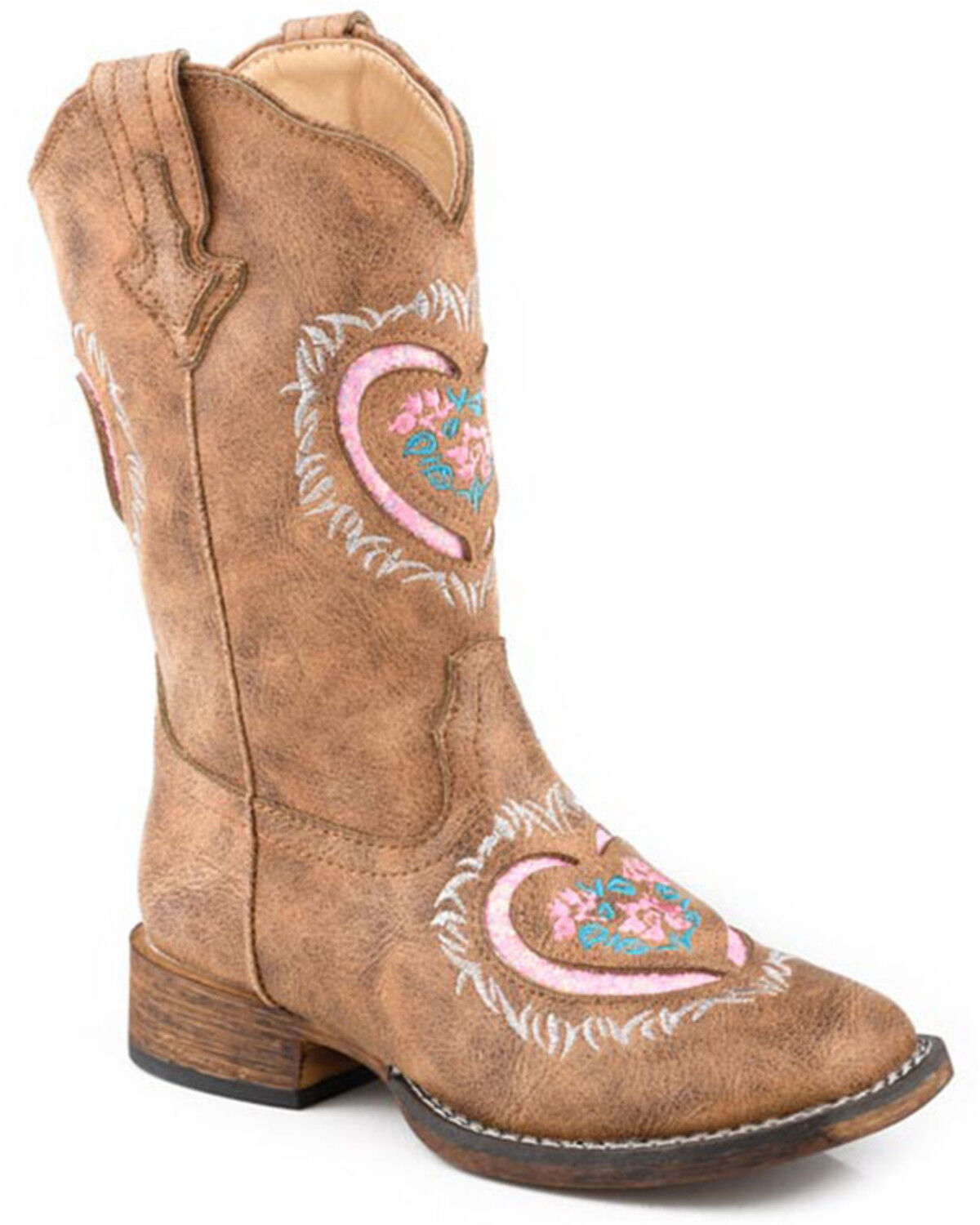 Image #1 - Roper Girls' Lydia Inlay Western Boots - Broad Square Toe, Tan, hi-res