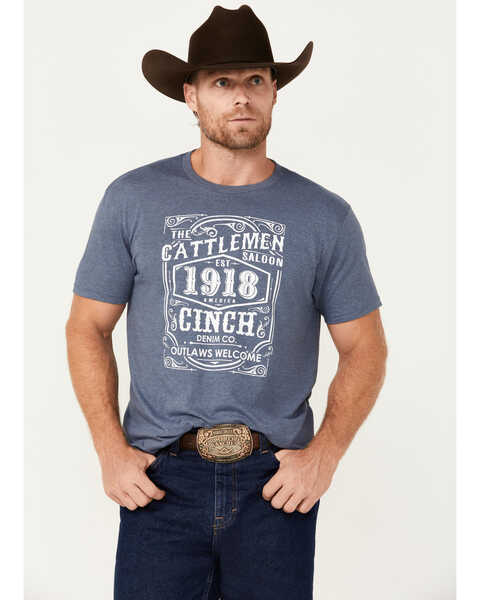 Image #1 - Cinch Men's Cattleman Saloon Outlaws Welcome Short Sleeve Graphic T-Shirt, Blue, hi-res