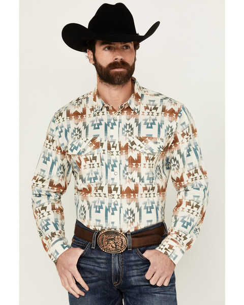 RANK 45® Men's Bucknell Southwestern Print Long Sleeve Pearl Snap Western Shirt , Ivory, hi-res