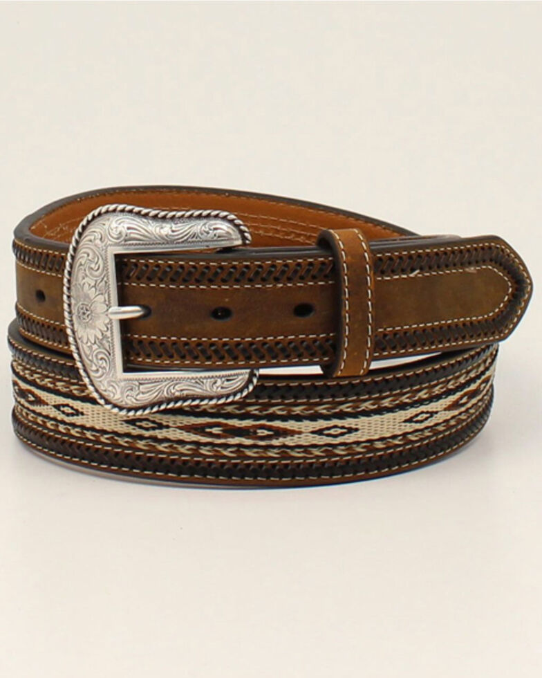 Cody James Men's Ribbon Inlay Horse Hair Lacing Western Belt, Medium Brown, hi-res
