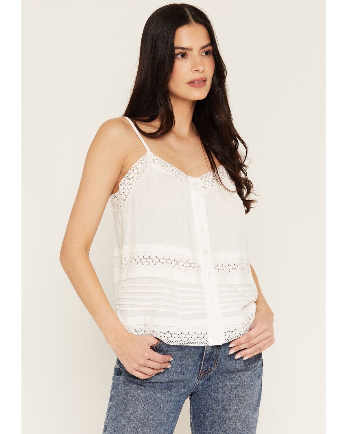 Shyanne Women's Lace Trim Pin Tuck Button-Front Cami, White, hi-res