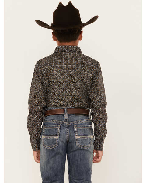 Image #4 - Cody James Boys' Big Bucks Geo Print Long Sleeve Western Snap Shirt, Dark Brown, hi-res