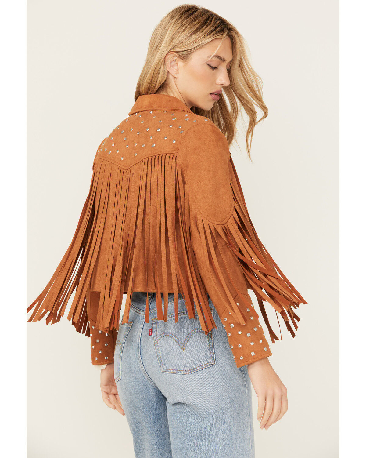 Image #4 - Blue B Women's Studded Fringe Faux Suede Jacket, Camel, hi-res