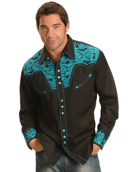 Scully Men's Gunfighter Embroidered Long Sleeve Snap Western Shirt , Turquoise, hi-res