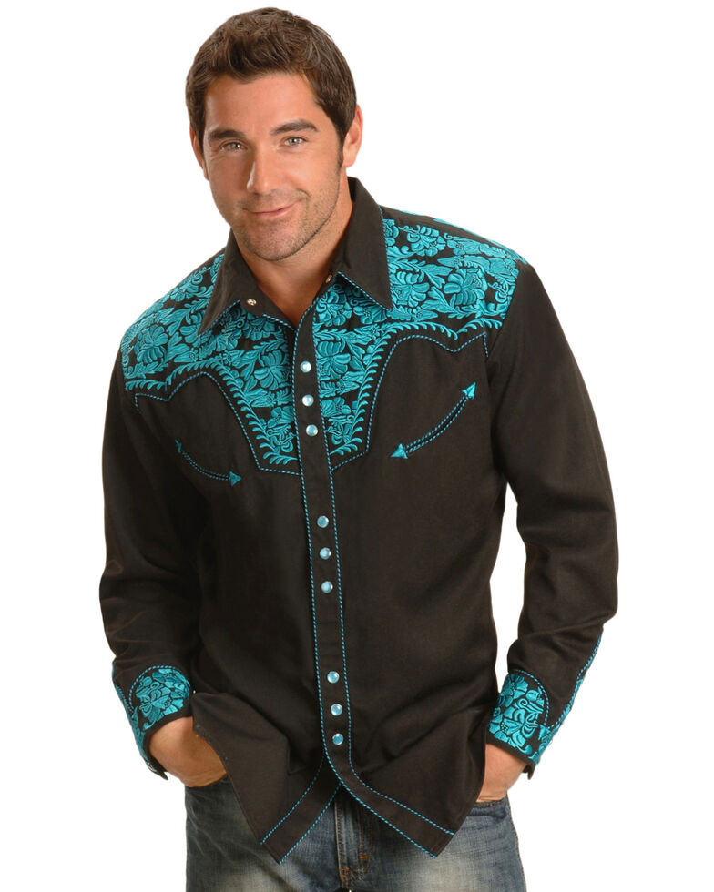 Scully Men's Turquoise Gunfighter Embroidered Long Sleeve Western Shirt ...