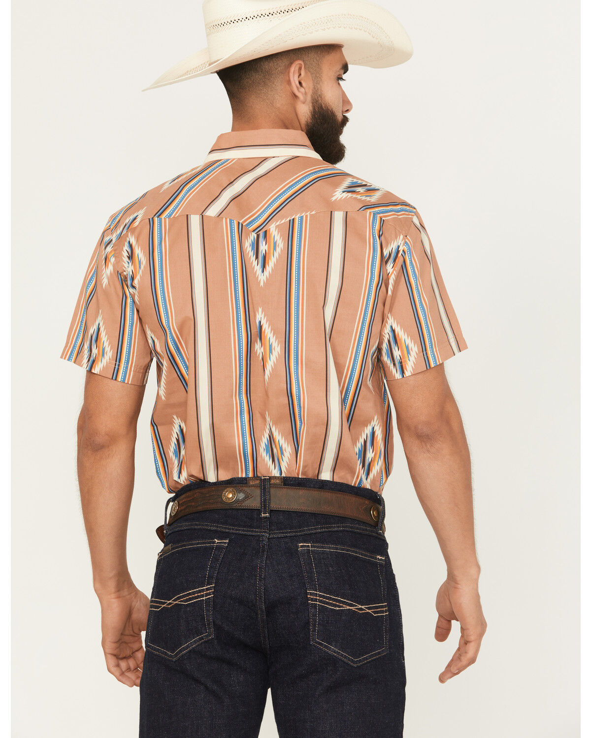 Image #4 - Panhandle Slim Men's Southwestern Striped Print Short Sleeve Snap Western Shirt, Tan, hi-res
