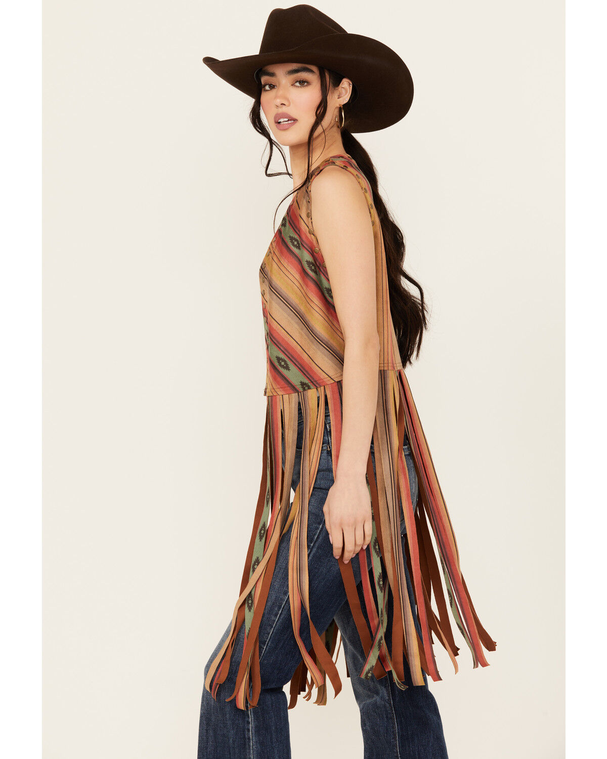 Image #2 - Scully Women's Serape Striped Print Fringe Vest, Tan, hi-res