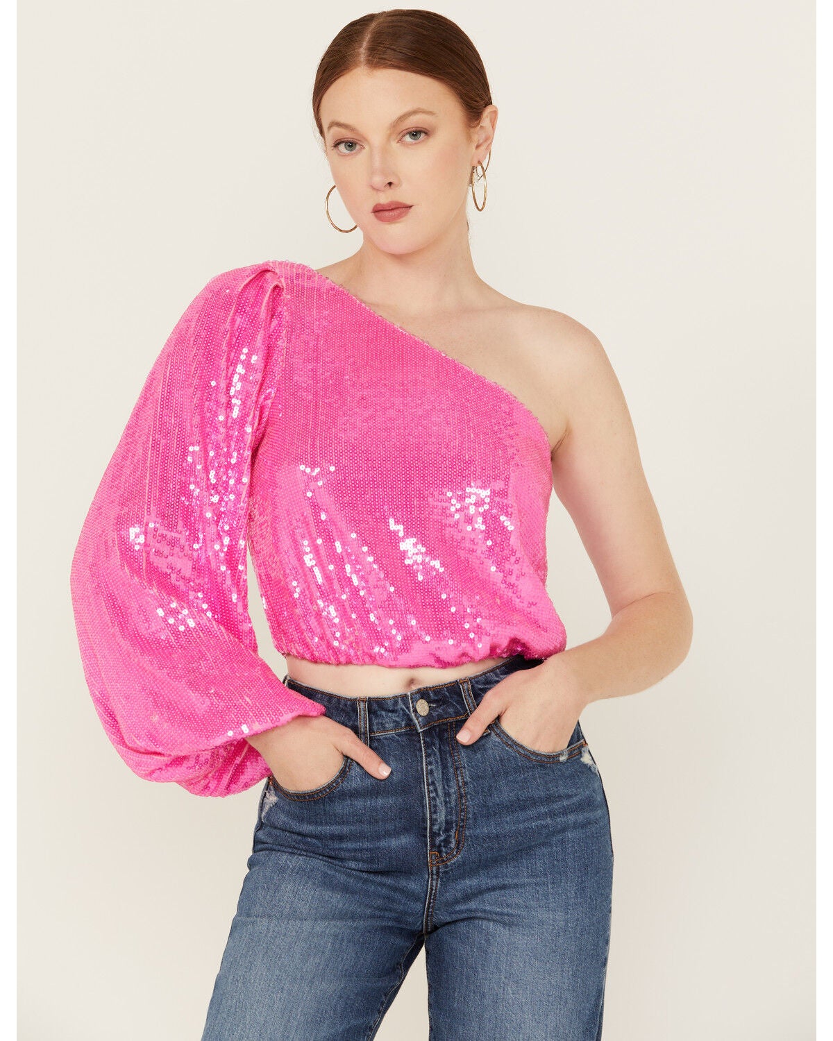 Image #1 - Show Me Your Mumu Women's Sequins Long Sleeve Party Top, Hot Pink, hi-res