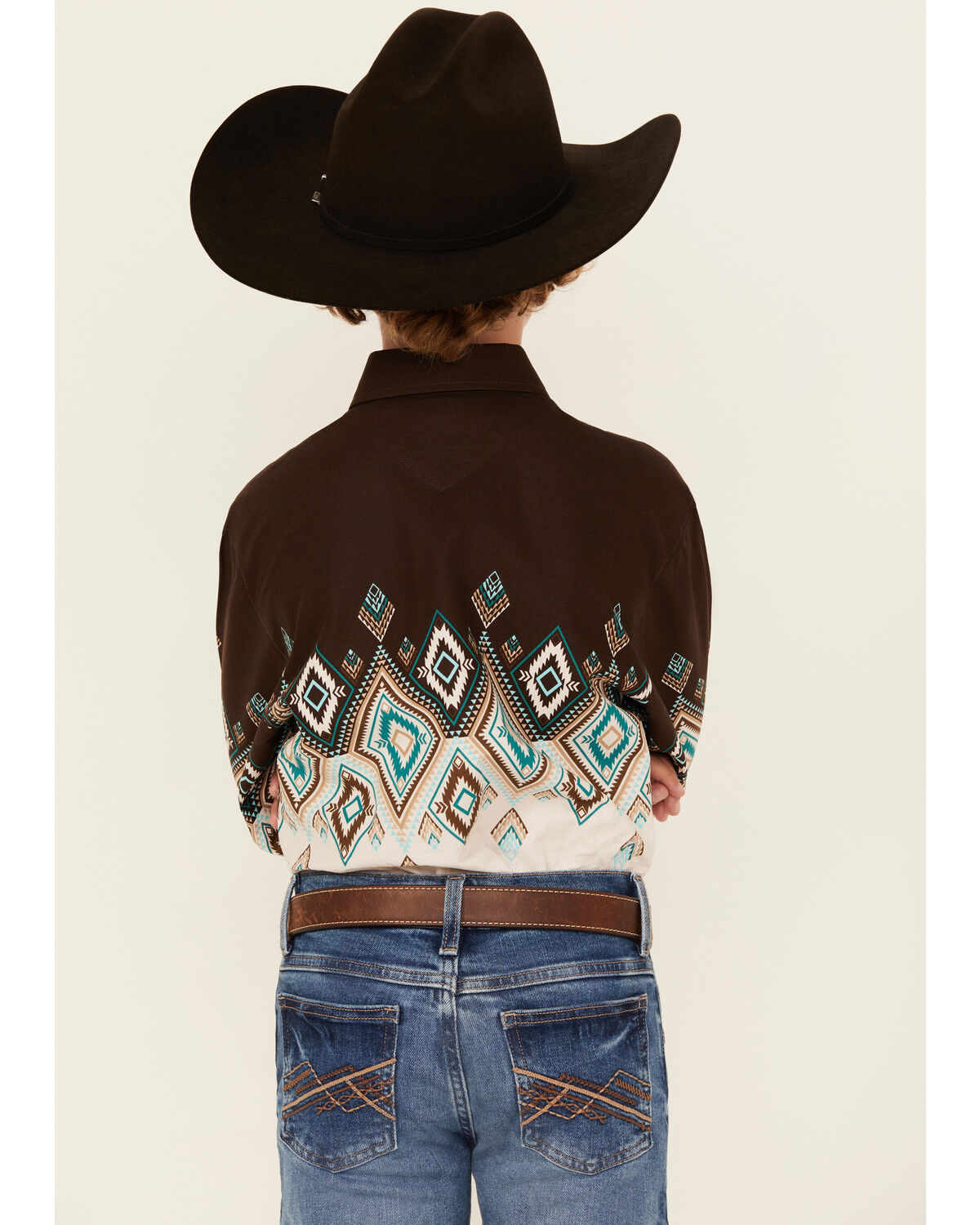 Image #4 - Panhandle Boys' Southwestern Print Border Long Sleeve Snap Western Shirt, Brown, hi-res