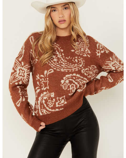 Image #1 - Very J Women's Paisley Print Sweater , Camel, hi-res