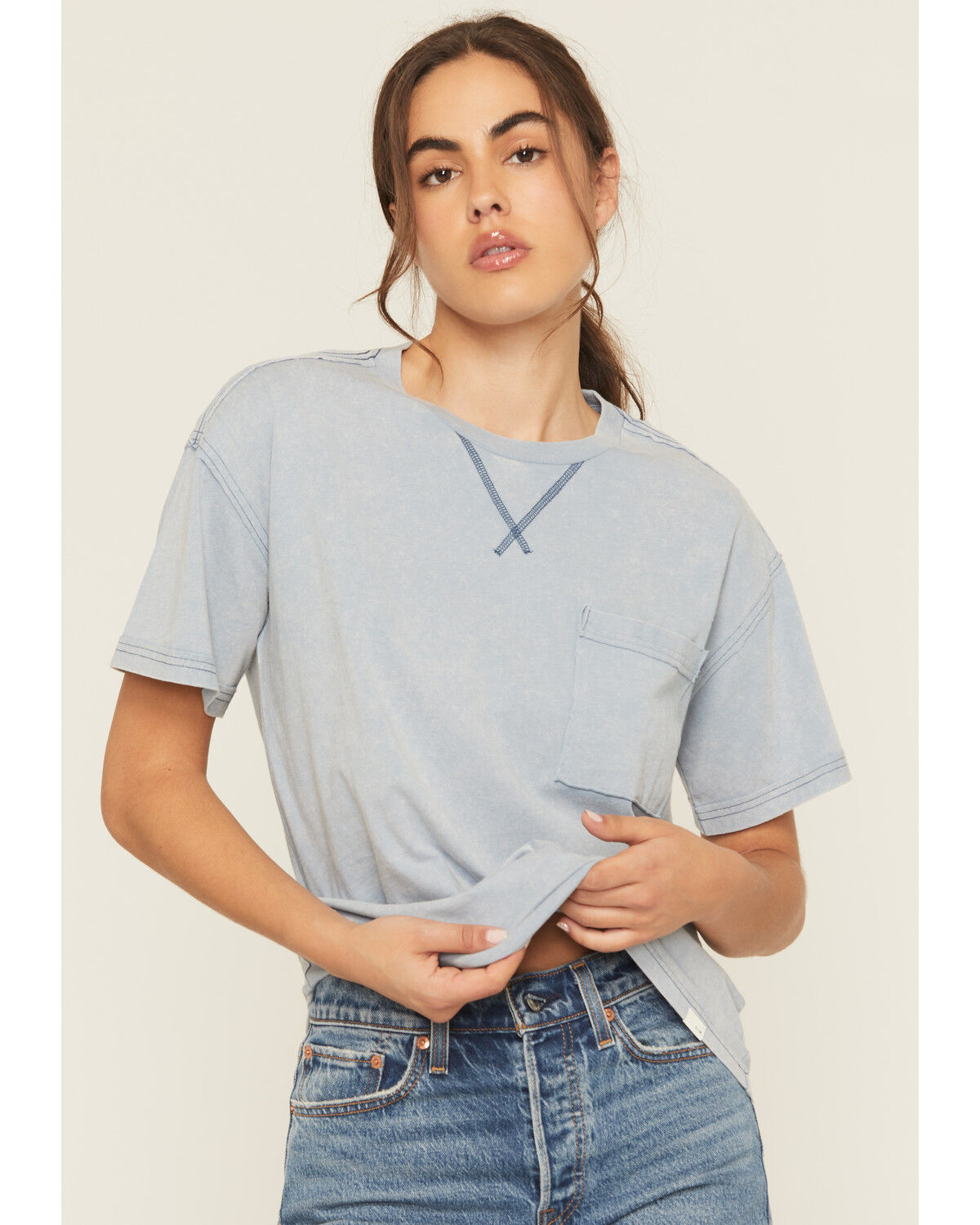 Image #1 - Cleo & Wolf Women's Boyfriend Short Sleeve Pocket Tee, Light Blue, hi-res