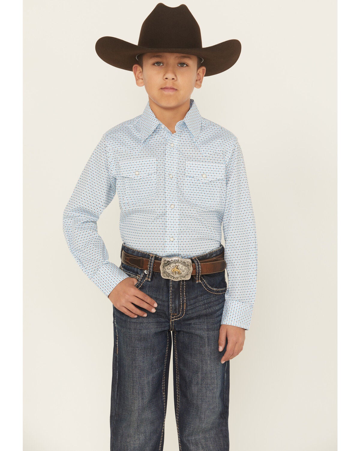 Wrangler 20X Boys' Geo Print Long Sleeve Snap Stretch Western Shirt, Blue, hi-res