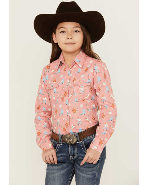 Image #1 - Panhandle Girls' Conversation Print Long Sleeve Pearl Snap Western Shirt, Pink, hi-res