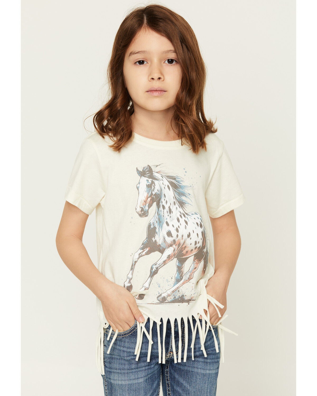 Image #1 - Shyanne Girls' Maisie Spotted Horse Fringe Short Sleeve Graphic Tee, Cream, hi-res
